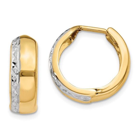 14k Two-Tone Gold Diamond Cut Huggie Round Hoop Earrings 15mm
